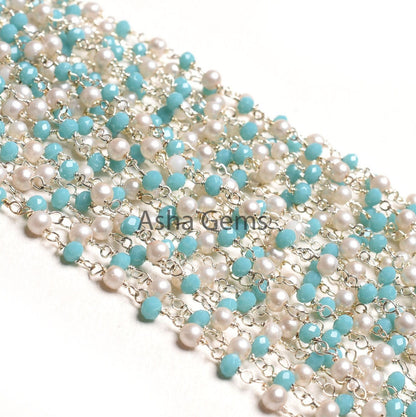 1,5,10,50 Feet Rosary Chain White Pearl, Blue Turquoise Hydro Beads Chain Silver Plated Wire Wrap Multi Color Beaded Chain For Necklace SALE