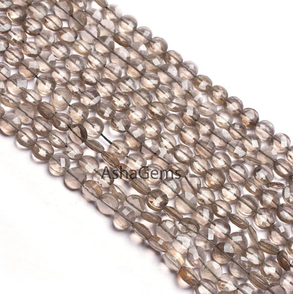 6 mm Natural Smoky Quartz Faceted Coin Shape gemstone Beads,AAA Quality Smoky Checker Cut Coin Briolette Beads,13" Strand Smoky Bead Jewelry