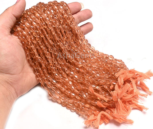 6.5-8 mm Fine Quality Creamy Peach Quartz Hydro Smooth Oval Shape Beads,13" Peach Hydro Plain Oval handmade Loose Beads Jewelry Making Craft