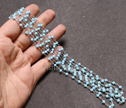3,5,10,25 Ft, Blue Turquoise Hydro Faceted Rondelle Bead Rosary Chain Silver Plated Wire,Jewelry Making Finding,3-3.5 mm, Bulk Chain Rosary