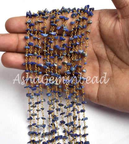 Natural Blue Lapis Uncut Chip Beads Rosary Chain Gold Plated Wire Wrap Lapis Rough Beaded Handmade Chains For Necklace Making Jewelry Crafts