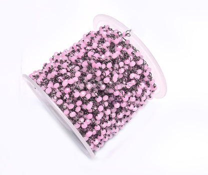 Rosary Chain black Plated Wire 3,5,10,50 Feet Pink Rose Quartz Hydro Faceted Rondelle Beaded Chain Jewelry Making Bulk Roll Wire Chain SALE