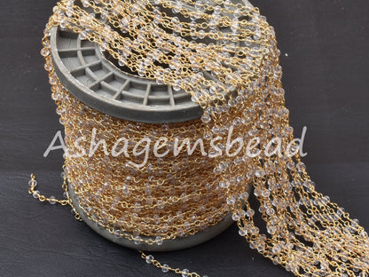 1,3,5,10,50 Ft,Clear Crystal Quartz Hydro Faceted Rondelle Beads Rosary Chain,3mm,Gold Plated Wire,Beaded Chain,Finding,Jewelry Making,Craft