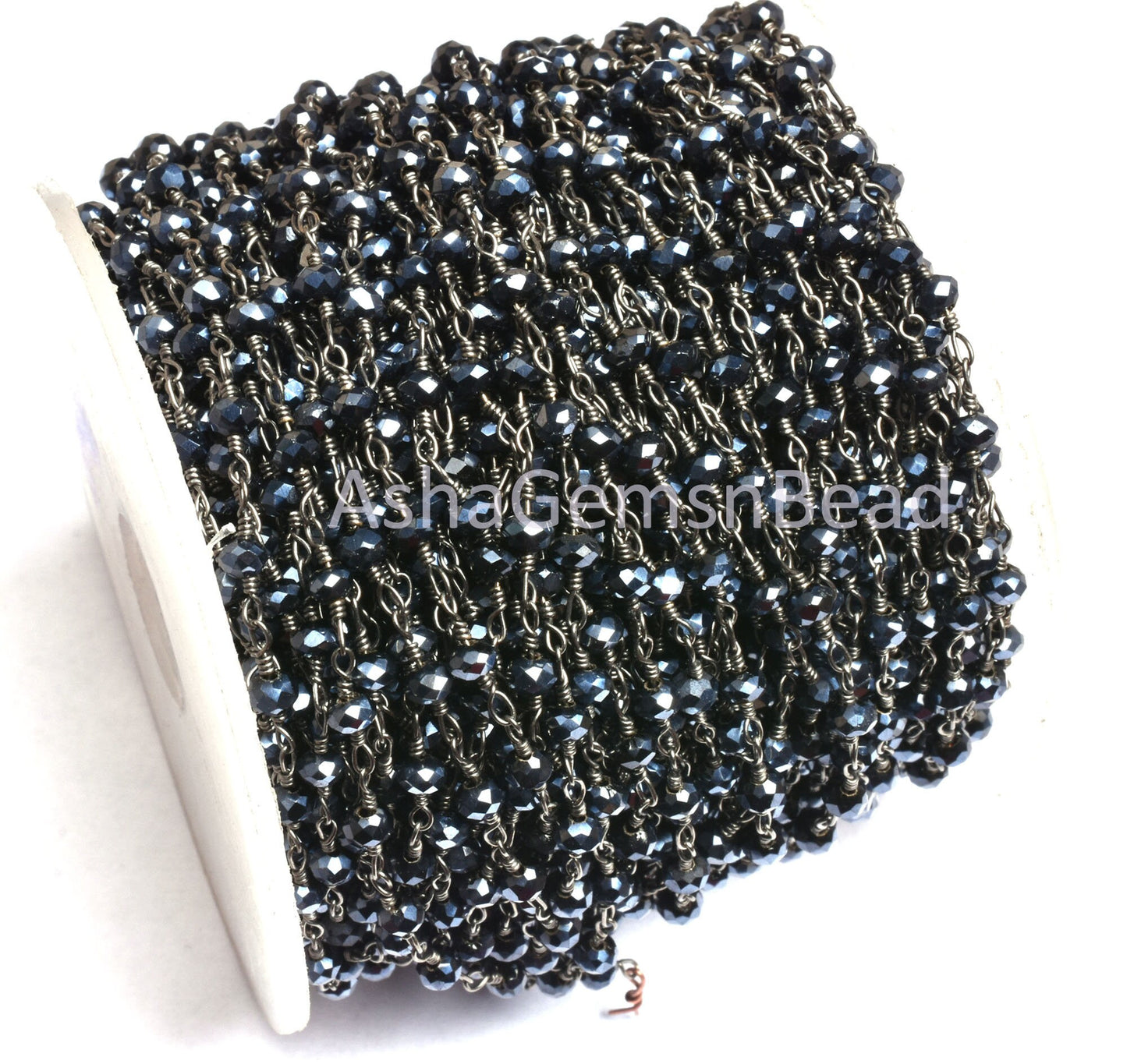 AAA Black Spinel Hydro Silver Coated Faceted Rondelle Beaded Rosary Chain Jewelry Making Finding, Black Plated Wire Wrap Handmade Chain Bead