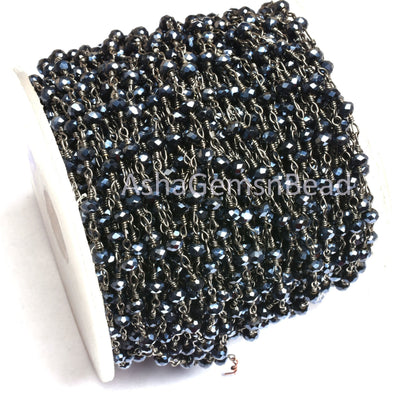 AAA Black Spinel Hydro Silver Coated Faceted Rondelle Beaded Rosary Chain Jewelry Making Finding, Black Plated Wire Wrap Handmade Chain Bead