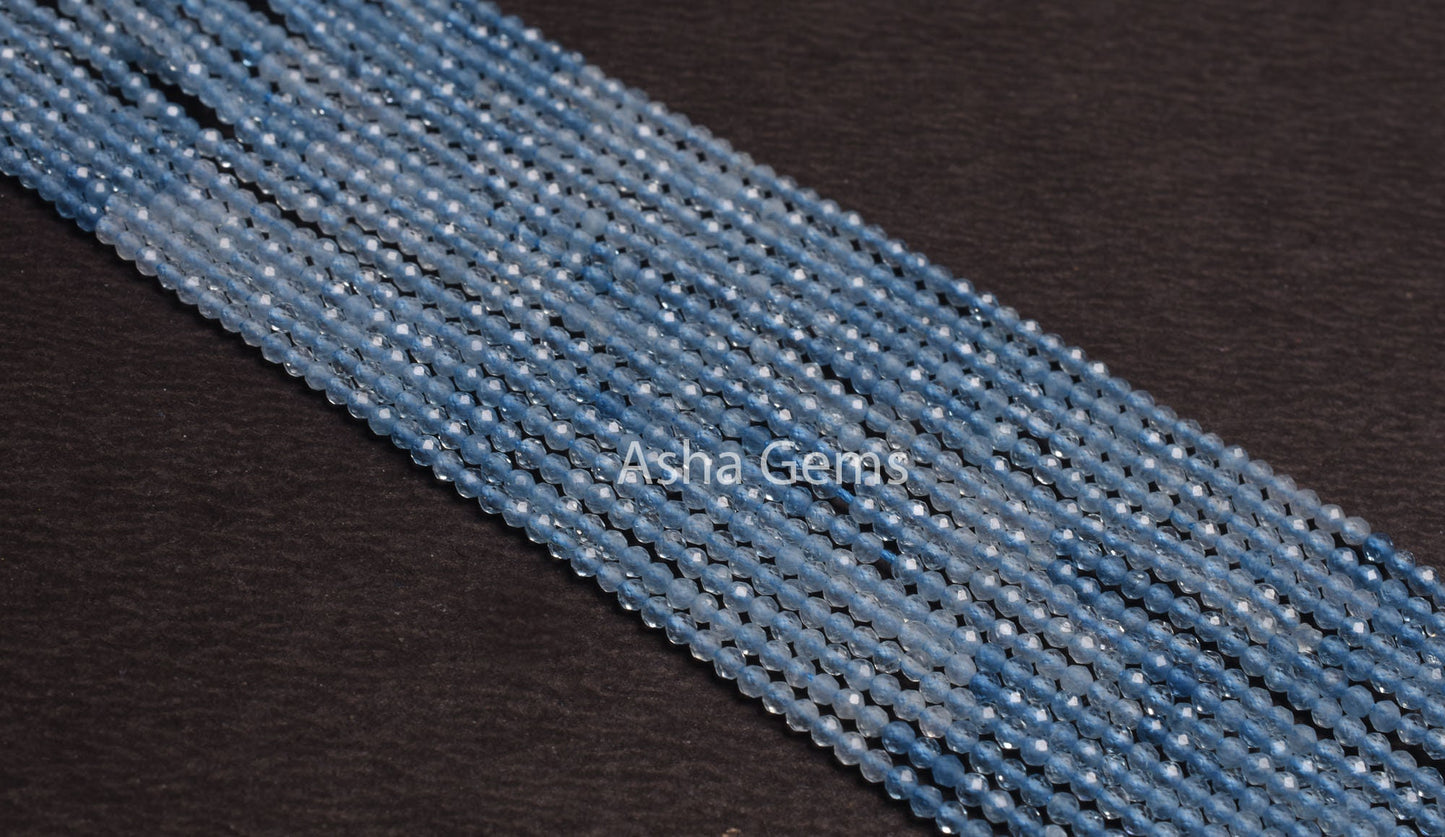 2 mm AAA Aquamarine Micro Cut Rondelle Beads,13" Strand Shaded Blue Aquamarine Machine Cut Gemstone Beads, Tiny Aquamarine Bead Jewelry SALE