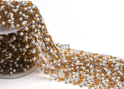Beautiful White Pearl Brown Quartz Hydro Beads Rosary Chain, Black Plated Wire Wrapped Faceted Rondelle Bead Chain Roll Jewelry making Craft