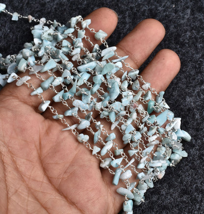 Rare Blue Larimar Beads Rosary Chain, Uncut Chip Chain Smooth Nugget Beaded Rosary Chain, Silver Chain Wire, Finding, Wholesale Rosary Chain
