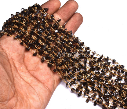 1,10,25 Foot Natural Smoky Quartz Uncut Chips Rosary Beads Chain, Gold Plated Wire Wrap Bulk Roll Jewelry Making raw Gemstone Nugget Chains