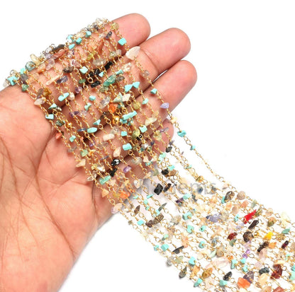 1,3,5,10 Feet Chain Natural Gemstone Multi Color Beads Rosary Chain Gold Plating Wire Disco Uncut Chip Beaded Rosary Chains Finding Jewelry