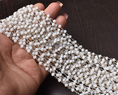 Amazing White Agate Hydro Faceted Rondelle Beads Rosary Chain,3 mm Silver Plated Wire Wrap Chain By Feet Rosary Chain Jewelry making Crafts