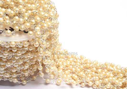 4 mm Beautiful Milky Pearl Hydro smooth Rondelle Beads Rosary Chain 1-50 Feet Silver Plated Wire Wrap handmade Rosary Chain Jewelry Necklace