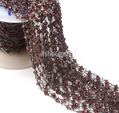 SALE 3,5,10,25 Ft Rhodolite Garnet Hydro Faceted Rondelle Beaded Rosary Chain Black Plated Wire,Jewelry Making Finding, Chain 3-3.5mm