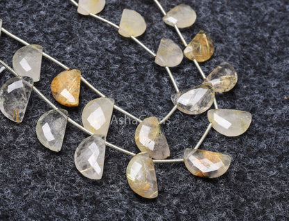 Natural Golden Rutile Fancy D Shape Faceted Gemstone Beads,7" Strand Rutile Half Moon Briolette Side Drill Beads, Golden Rutile Bead Jewelry
