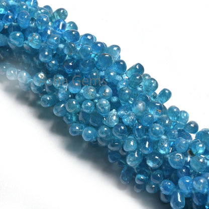 Natural Blue Apatite Smooth Drop Gemstone Side Drill Beads, Neon Apatite Plain Handmade Tiny Teardrop Handmade Gemstone Beads Jewelry Crafts