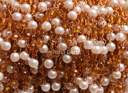 Fine White Pearl citrine Quartz Hydro Faceted Rondelle Beads Rosary Chain Rose Gold plated Wire Wrap Roll Beaded Chain Jewelry Making Crafts
