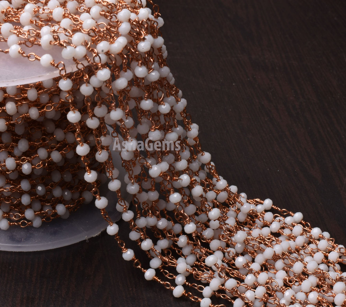 White Agate Hydro Rondelle Faceted Beads Rosary Chain,3.5 mm Rose Gold Plated Copper Wire Wrap handmade Beaded Chain Jewelry Making Necklace