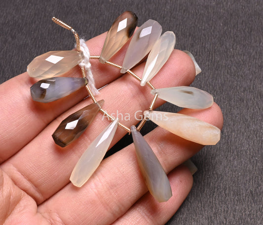 Multi White Grey Brown Chalcedony Fancy Long Drop Faceted Beads, Shaded Mix Color Chalcedony Pencil Teardrop Briolette Gemstone Bead Jewelry