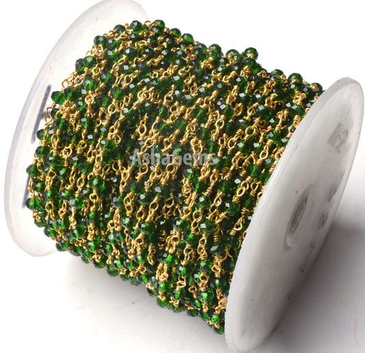 Green Chrome Diopside Hydro Faceted Rondelle Beads Rosary Chain Silver, Gold Plated Wire Wrap Jewelry Making Craft Beaded Rosary Chains SALE