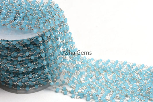 1,5,10,50Feet Chain Blue Milky Aqua Chalcedony Hydro Beads Rosary Chain Faceted Rondelle Silver Plated Wire Bulk Roll Findings Beaded Chains
