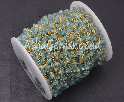 1,5,25,50 Feet Bulk Chain, Natural Apatite Uncut Beads Rosary Chain, Sky Blue Apatite Gemstone Beaded Chain, Gold Chain Wholesale Chip Chain