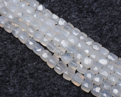Natural Chalcedony Faceted 3D Cube Box Beads,8" Strand White Chalcedony Faceted Box Gemstone Center Drill Bead Chalcedony Cube Beads Jewelry