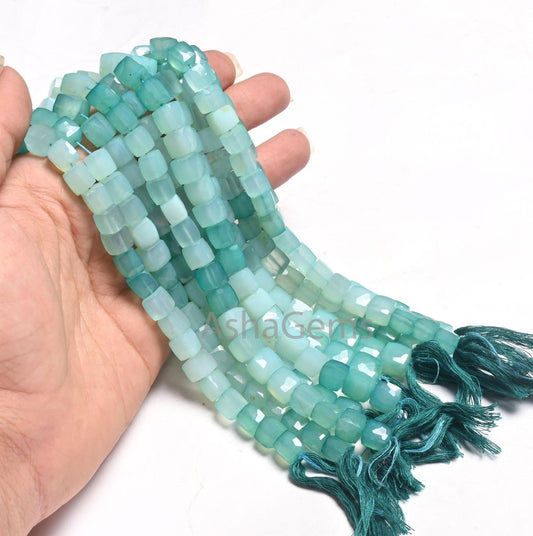 Beautiful Blue Chalcedony Faceted 3D Cube Box Gemstone Beads, Shaded Sky Blue Chalcedony Box Indian Cut Chalcedony Bead Jewelry making Craft