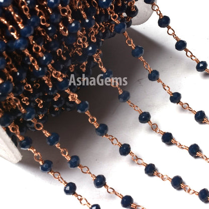 1,3,5,10,25 Feet Blue Sapphire Hydro Faceted Rondelle Beaded Rosary Chain,Rose Gold Metal Wire,Jewelry Making Finding,Chain 3-3.5mm SALE