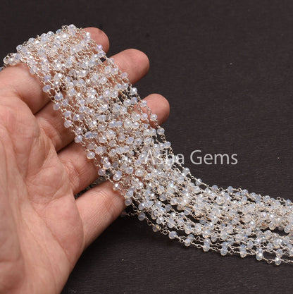 3,5,10,25 Feet Roll Bulk, Rainbow Moonstone Hydro Silver Coated  Rondelle Faceted Rosary Chain, Silver Plated Wire Bulk Chain Jewelry Making