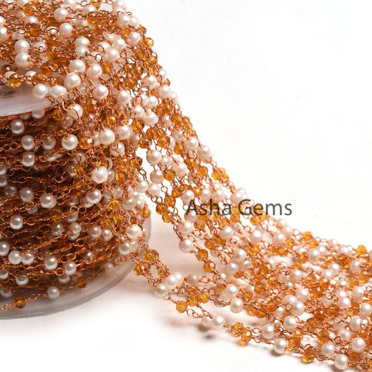 Fine White Pearl citrine Quartz Hydro Faceted Rondelle Beads Rosary Chain Rose Gold plated Wire Wrap Roll Beaded Chain Jewelry Making Crafts