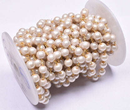 3,5,10,25 Ft,Pearl Hydro Rondelle Beaded Rosary Chain,Gold,Rose Gold Plated,Jewelry Making Chain,Finding,Beautiful Wire Wrapped Chain, 8 mm