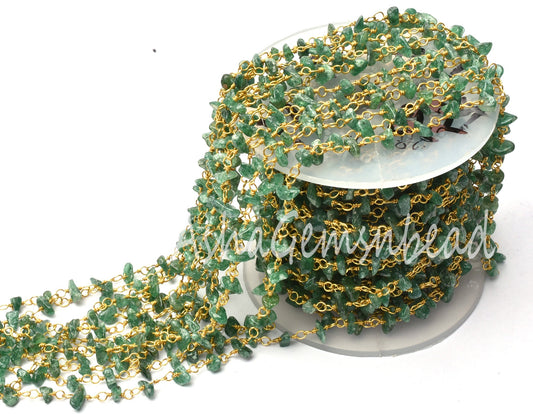 Natural Green Mica Uncut Beads Rosary Chain, Mica Smooth Nugget Beaded Rosary Chain Gold Plated Wire Wrap handmade Gemstone Chain Craft SALE