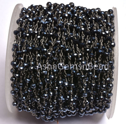 AAA Black Spinel Hydro Silver Coated Faceted Rondelle Beaded Rosary Chain Jewelry Making Finding, Black Plated Wire Wrap Handmade Chain Bead