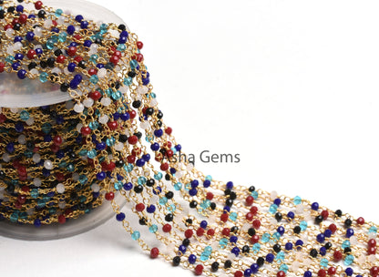Beautiful Multi Color Stone Hydro Beads Rosary Chain, Disco Faceted Rondelle Bead Chain by feet Gold Plated Wire bulk Roll Chain Crafts SALE