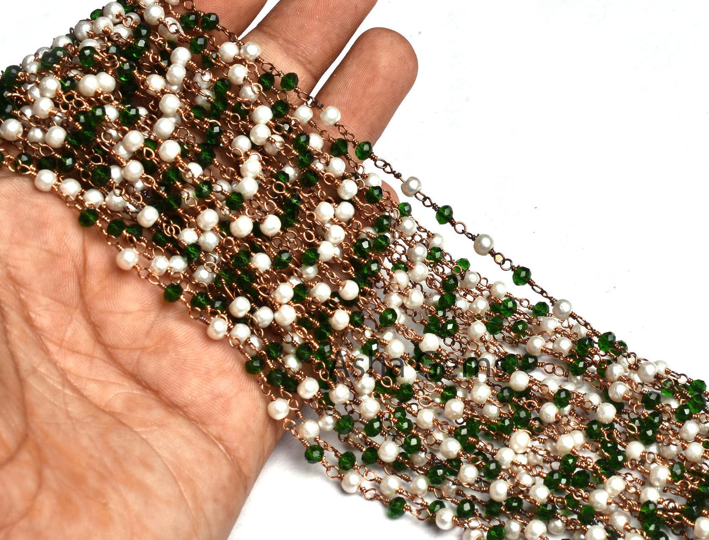 Chain White Pearl Chrome Diopside Hydro Beads Rosary Chain, Rose Gold Plated Wire Wrapped Jewelry Necklace making Chain 3 mm Handmade Chain