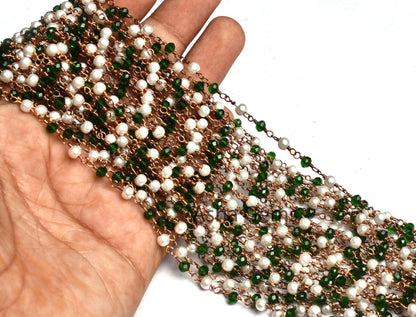 Chain White Pearl Chrome Diopside Hydro Beads Rosary Chain, Rose Gold Plated Wire Wrapped Jewelry Necklace making Chain 3 mm Handmade Chain