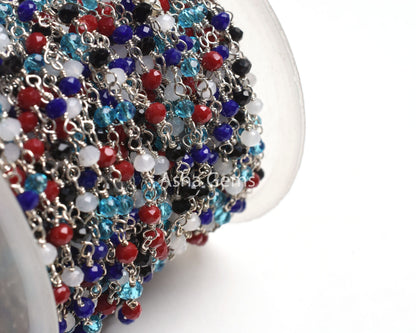 1-50 Feet Multi Color Beads Rosary Chain, Silver Plated Wire Wrap Hydro Disco faceted Rondelle Beaded handmade Chain Jewelry making Necklace