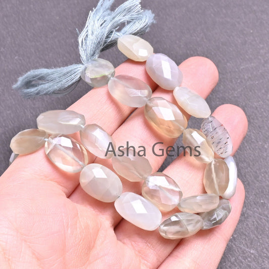 Shaded Grey Moonstone faceted Oval Beads,9" Strand Natural Grey Moonstone Oval Briolette Straight Drill Gemstone Moonstone Bead Jewelry SALE