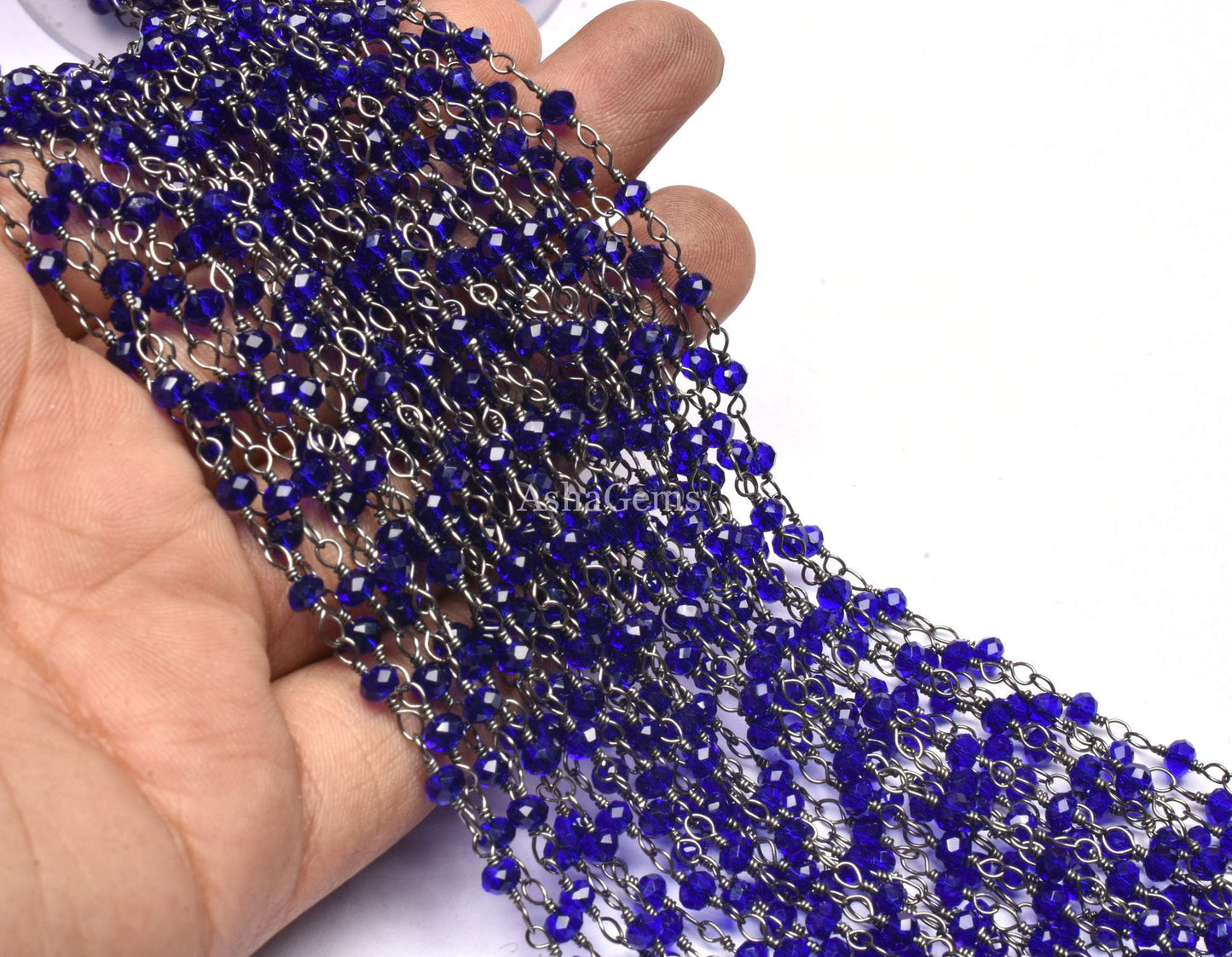 Royal Blue Quartz Hydro Faceted Beads Chain 1-50 Feet Black Metal Plated Wire Chain, 3-3.5 mm Gunmetal Jewelry Making Rosary Chain