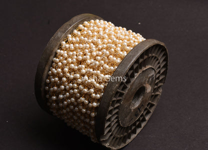 SALE 3,5,10,25Ft White Pearl Hydro smooth Rondelle Beaded Rosary Chain gold Plated Wire Jewelry Making Finding,4mm Bead Wire Wrapped Chain