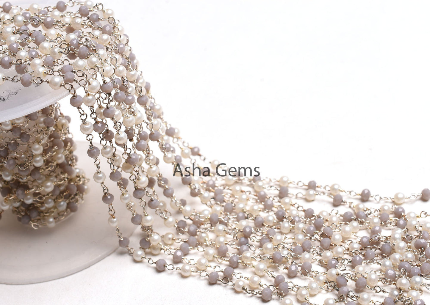 Pearl Grey Moonstone Hydro Beads Rosary Chain 3mm Faceted Rondelle Beads Silver Plated Wire Wrapped Chains Jewelry Making Finding Chain SALE