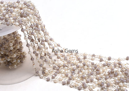 Pearl Grey Moonstone Hydro Beads Rosary Chain 3mm Faceted Rondelle Beads Silver Plated Wire Wrapped Chains Jewelry Making Finding Chain SALE