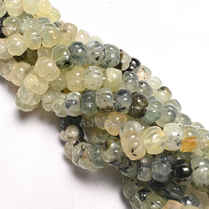 Shaded Moss Green Prehnite Carving Watermelon Beads, natural Moss Prehnite handmade Uneven Carve Pumpkin Gemstone Melon Beads Jewelry Crafts