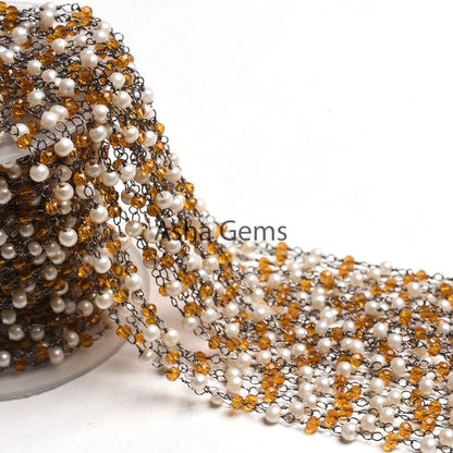 Beautiful White Pearl Brown Quartz Hydro Beads Rosary Chain, Black Plated Wire Wrapped Faceted Rondelle Bead Chain Roll Jewelry making Craft