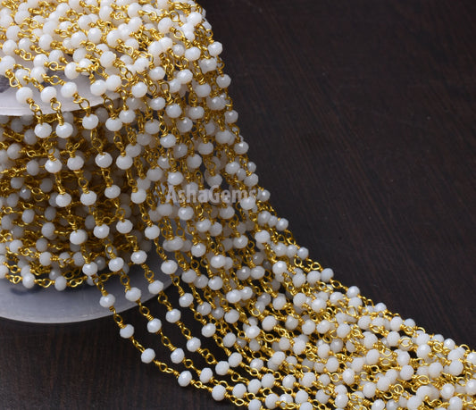 Beautiful White Agate Hydro Rondelle Faceted Beads Rosary Chain,3-3.5 mm Gold Plated Wire Wrap Beaded handmade Chain Rosary Jewelry Necklace