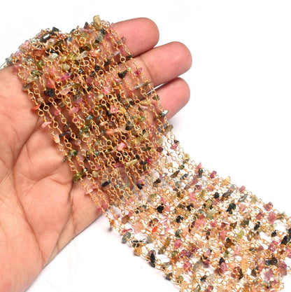 Beautiful Multi Tourmaline Uncut chips Chain, Natural Gemstone Uncut beads rosary chain Gold Plated wire Beaded Chain by Foot, Jewelry Craft