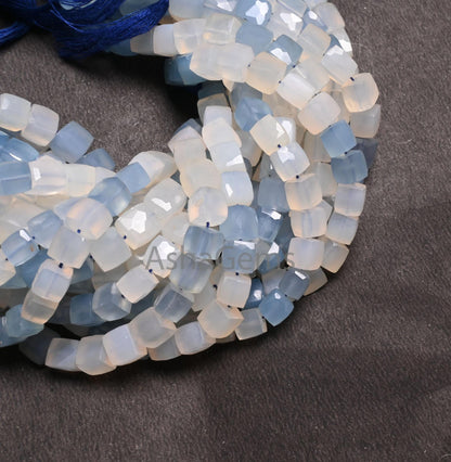 Beautiful Chalcedony Faceted 3D Cube Box Gemstone Beads,8" Shaded White Blue Chalcedony Box Shape Indian Cut Chalcedony Beads Jewelry Crafts