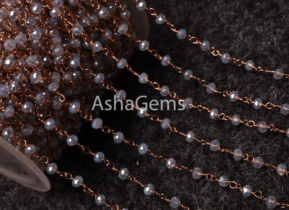 Beautiful Rainbow Moonstone Hydro Silver Coated Faceted Beads Rosary Chain By Feet,3mm Copper Plated Wire Wrap Bulk Chain For Jewelry Making