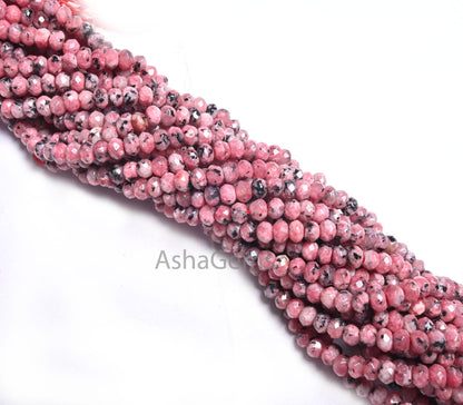 Beautiful Moss Pink Jade Quartz Faceted Rondelle Shape Beads, Fine Black Dot Rhodonite Color Jade Machine Cut Jade Quartz Beads Jewelry SALE