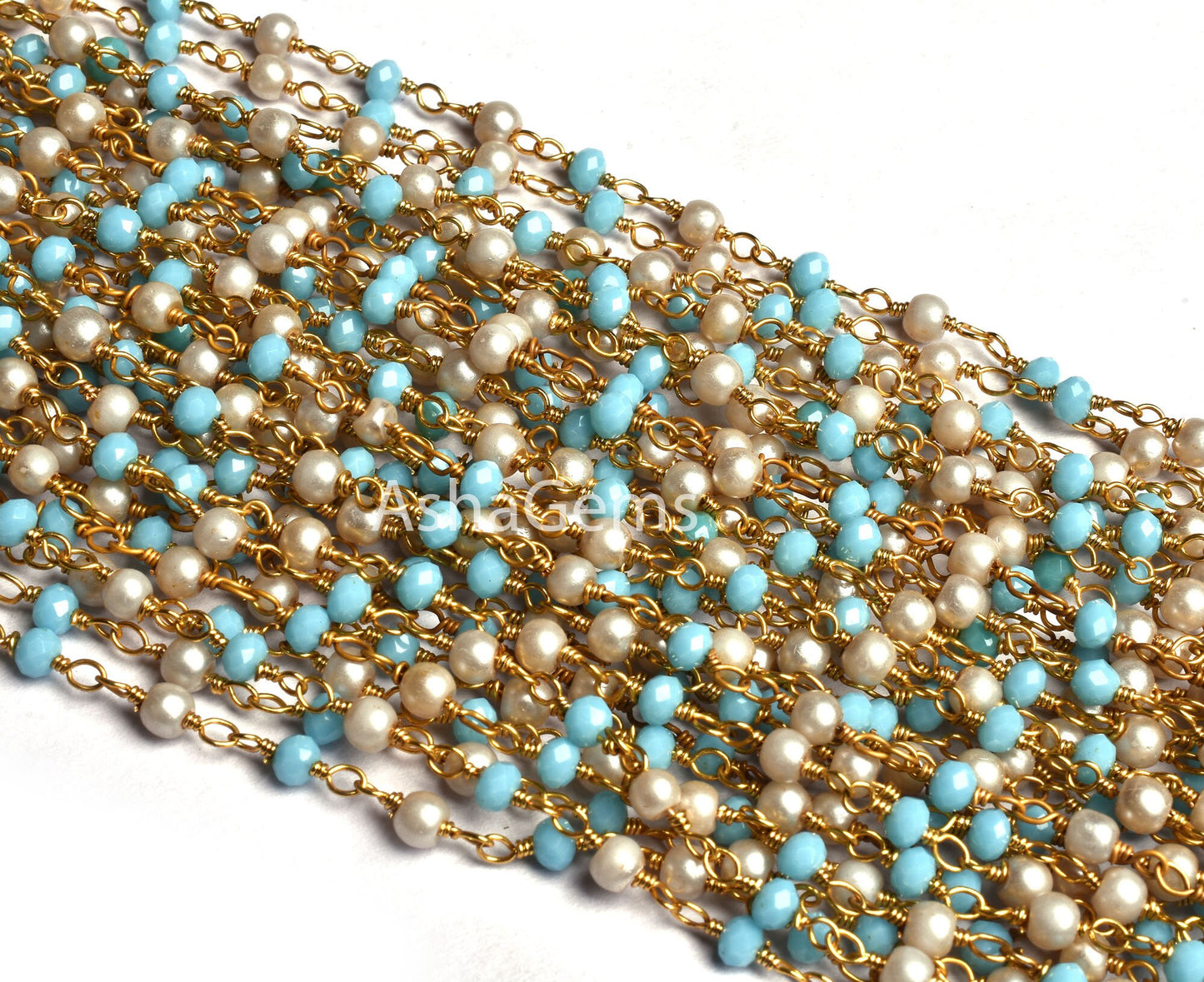 1,10,50 Foot Bulk Roll Rosary Chain Pearl Blue Turquoise Hydro Faceted Rondelle Beads Chain Gold Plated wire Multi Color Beaded Chain Rosary